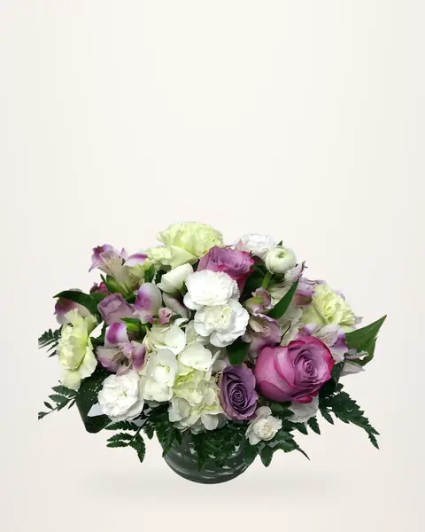 Soft white and lavender rose arrangement