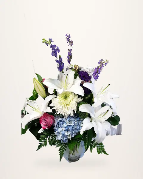 White lily and hydrangea sympathy arrangement
